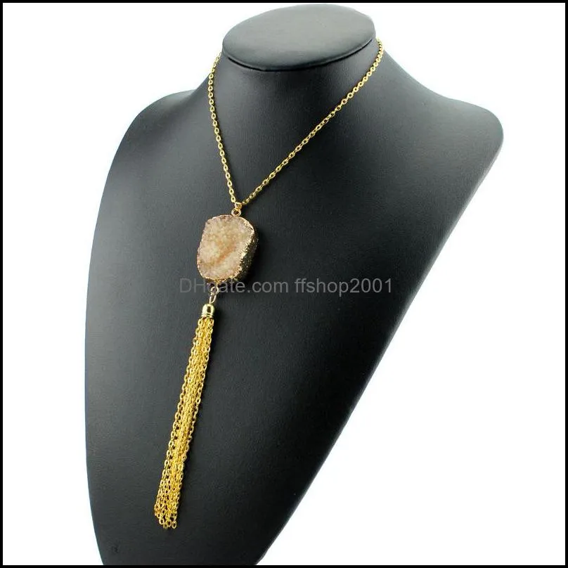 fashion druzy drusy necklace gold plated irregular faux stone tassel long necklace for women bohemia jewelry