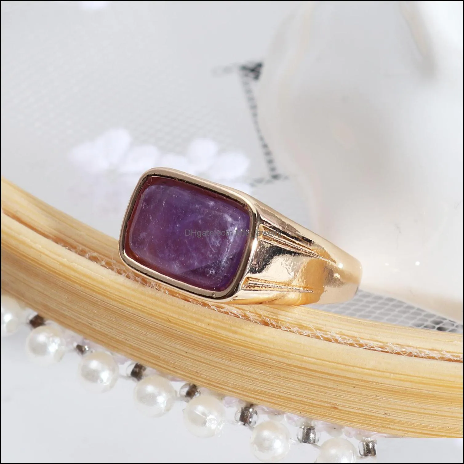 natural rectangle stone rings lapis lazuli amethyst malachite stone fashion inner dia 17mm gold color band jewelry for women