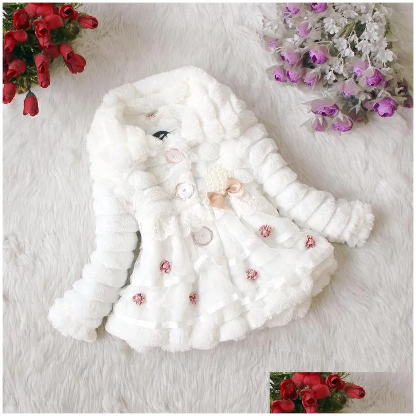 girls fur coat clothing with pearl lace flower autumn winter wear clothes baby children faux fur dress dresses style jacket 2017