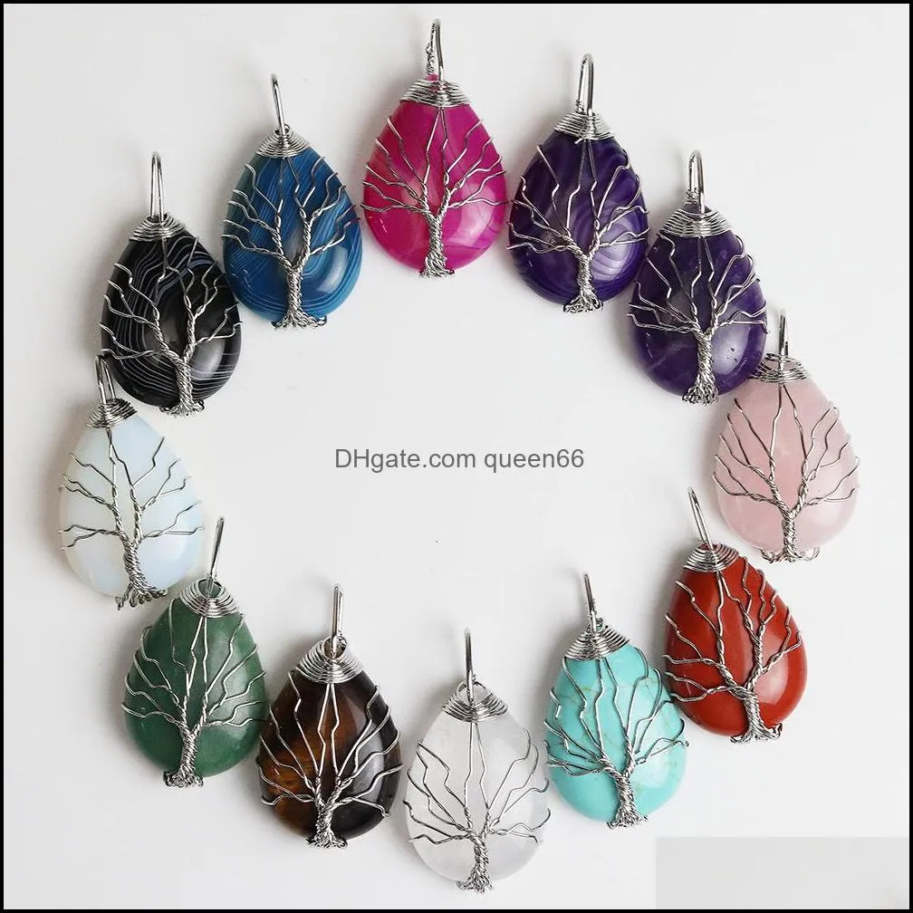 natural stone healing crystal tree of life charms waterdrop pendants rose quartz silver copper wire wrapped trendy jewelry making necklaces