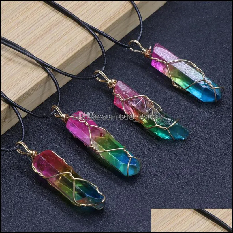 colorful crystal column necklace pendant gradient color quartz crystals wire wrap necklaces healing guardian jewelry for men men rope