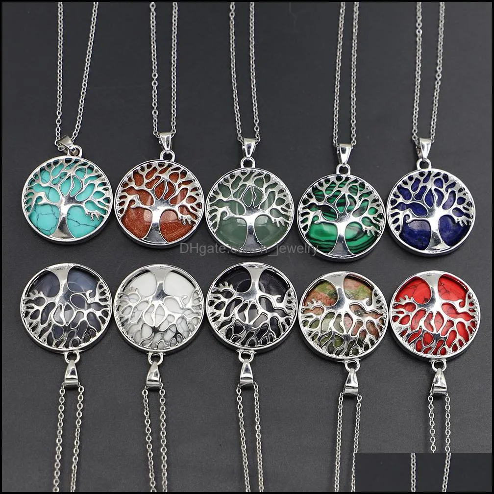 natural stone tree of life pendant necklace pink crystal opal amthyst reiki charms necklaces for women jewelry