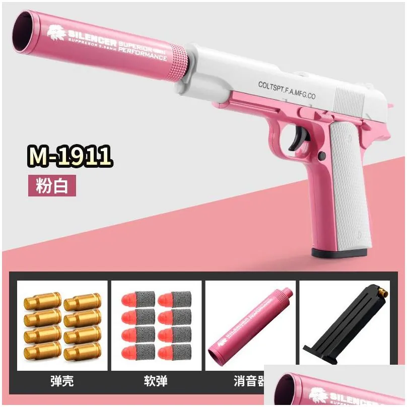 m1911 eva soft bullet foam darts blaster toy gun pistol manual shooting pink launcher with silencer for children kids boys birthday
