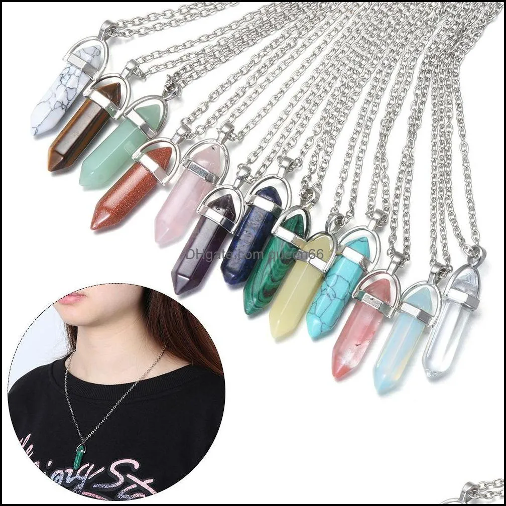 fashion multi hexagonal prism pendant rose quartz reiki healing crystals chakra pendants necklace for women jewelry