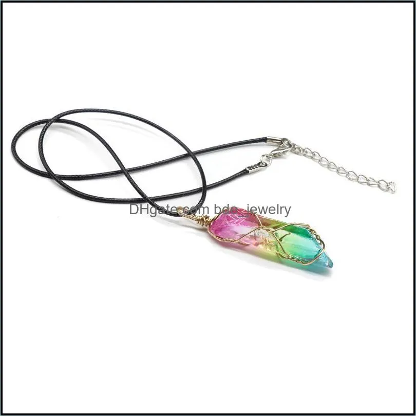 colorful crystal column necklace pendant gradient color quartz crystals wire wrap necklaces healing guardian jewelry for men men rope