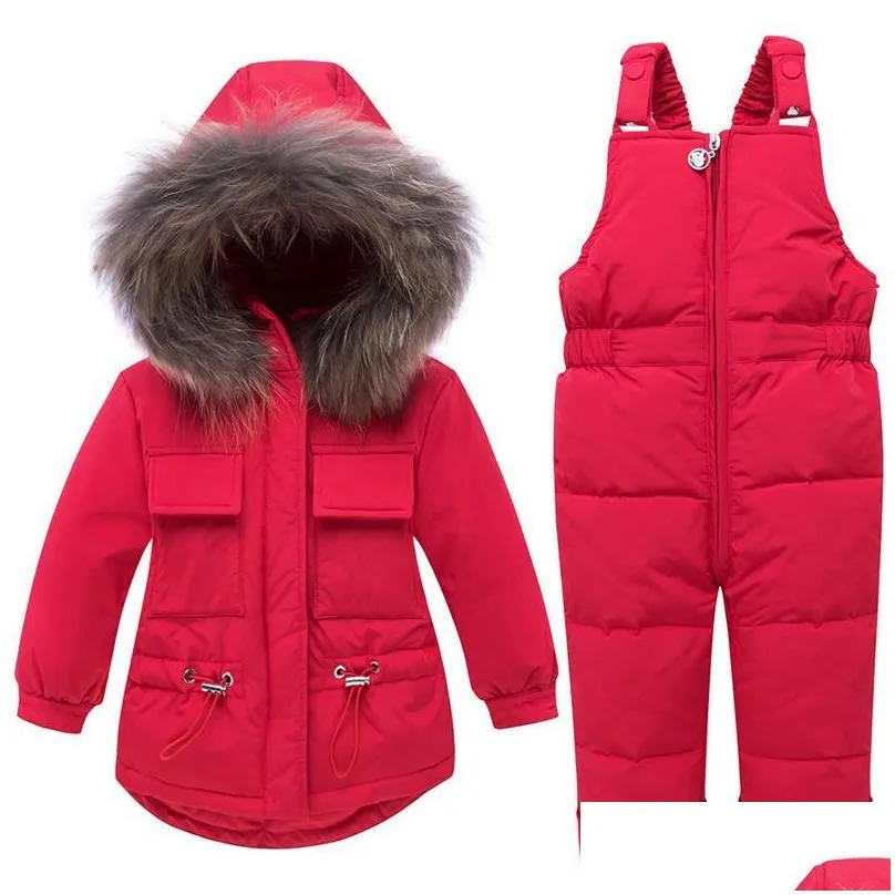 coat toddler boys girl clothes sets childrens down jacket winter super warm hooded real fur children costume snow suit thick