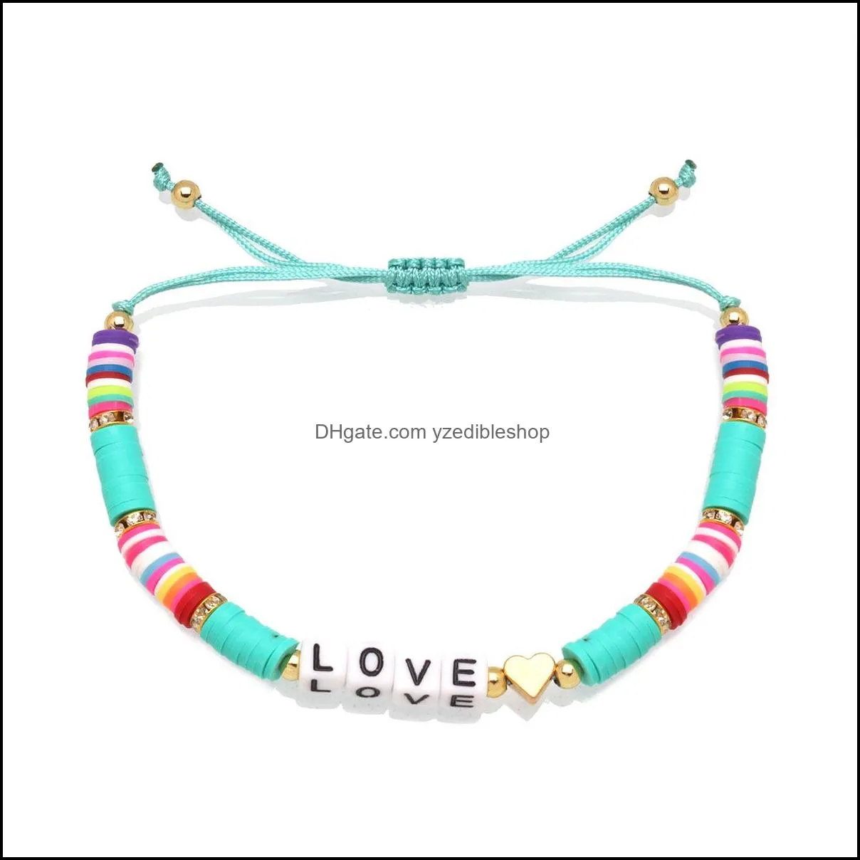 heart love letter charms bohemian colorful clay bracelets braided women summer beach charm elastic soft polymer female bracelet boho