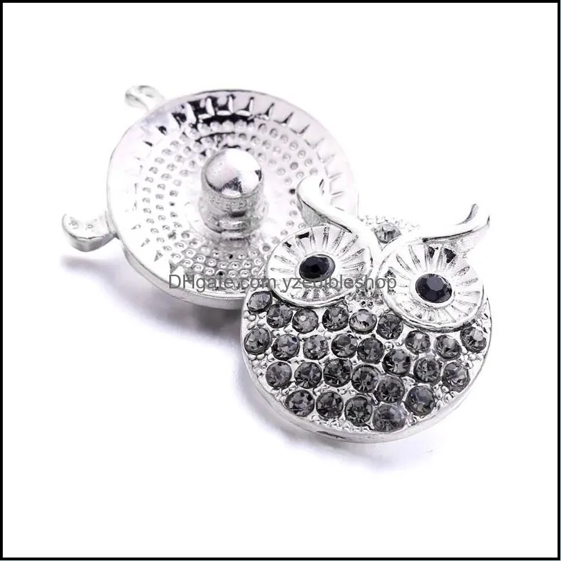 wholesale crystal silver color owl snap button women charms jewelry findings rhinestone 18mm metal snaps buttons diy bracelet