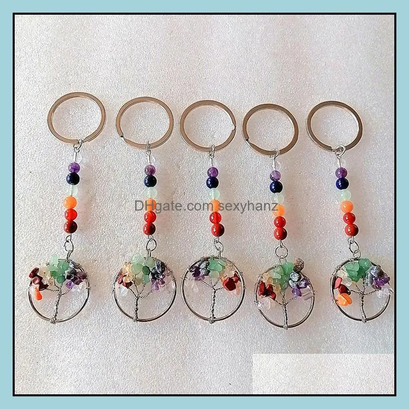 tree of life reiki healing keyrings natural stone keychains chakra amethyst pink rose crystal key rings women men jewelr sexyhanz