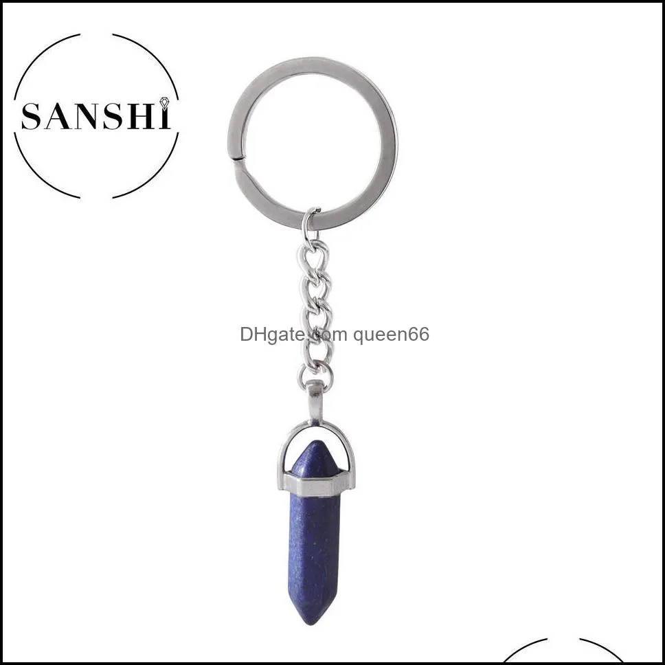 natural stone key rings hexagonal prism keychains healing blue rose crystal car decor keyholder for women men