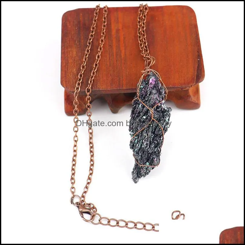 handmade wire wrap raw minerals natural colorful ore rough stone necklace for women men retro punk style