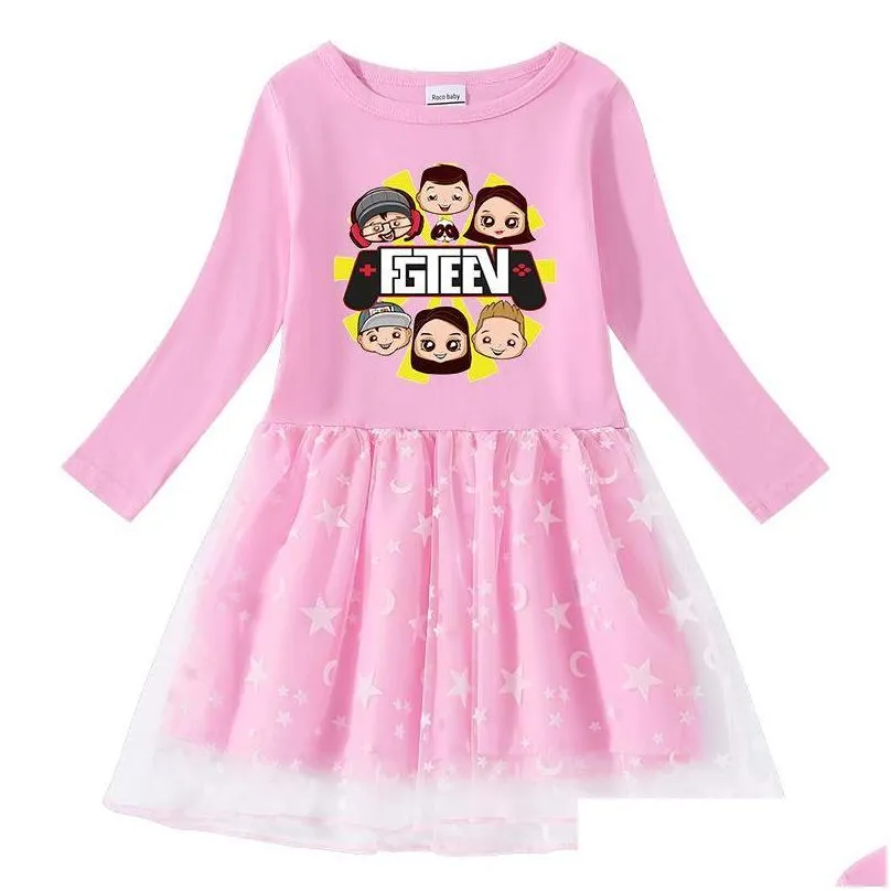 girls dresses fgteev 2021 spring autumn girls dress cotton printed stars and moon mesh full sleeve princess dress.vestidos para ninas