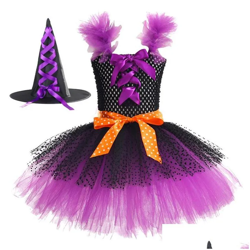 girls dresses 2pcs/set halloween children addhat kids cosplay clothes baby girls tutu mesh costumes girl clothing 29y