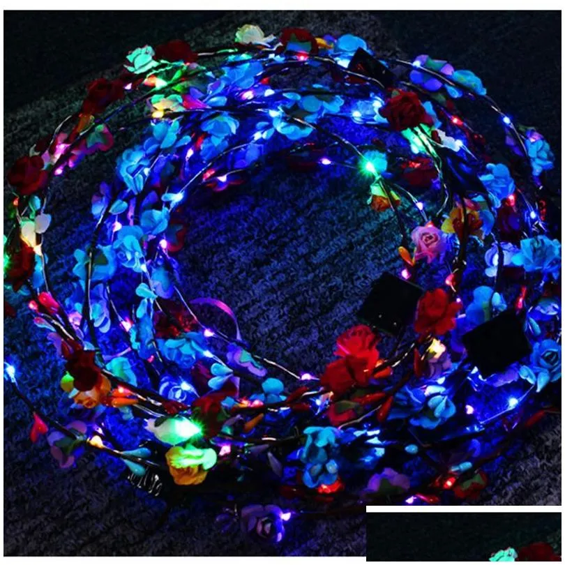 100pcs flashing led strings glow flower crown headbands light party rave floral hair garland luminous wreath wedding flower girl kids