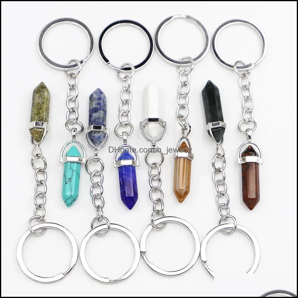 natural stone crystal key ring handbag dangle holder hexagonal column pendulum amulet real agates tiger eye opal pink quartz key chain