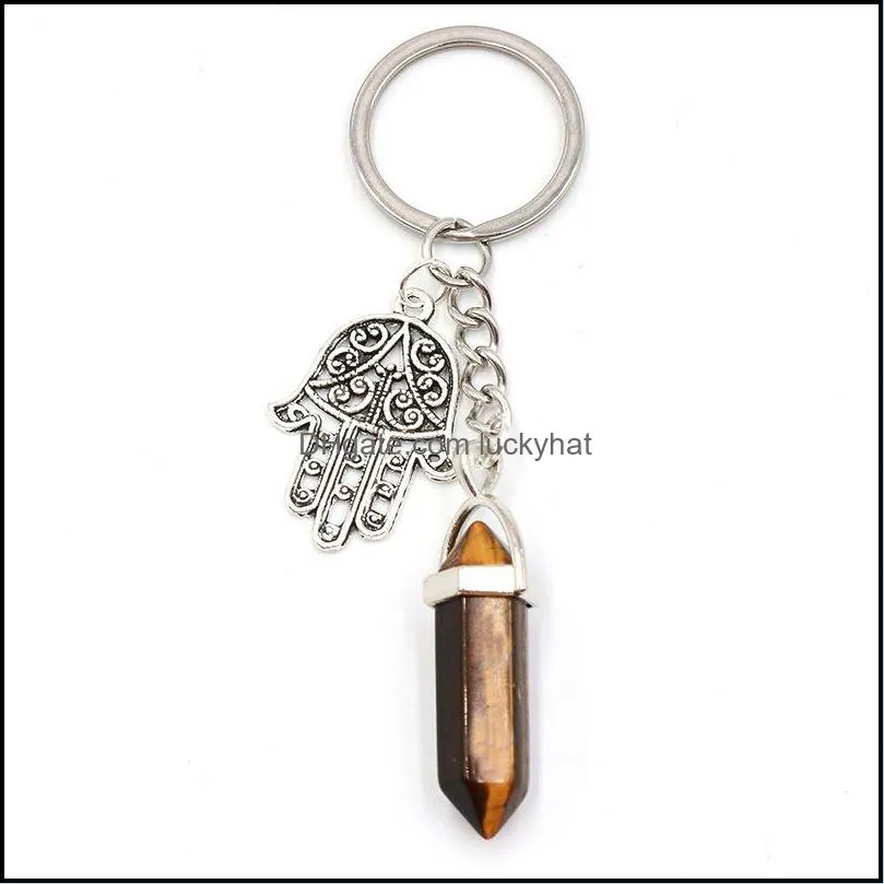 natural stone crystal hand key ring handbag holder hexagonal column palm amulet agates tiger eye opal pink quartz key chain