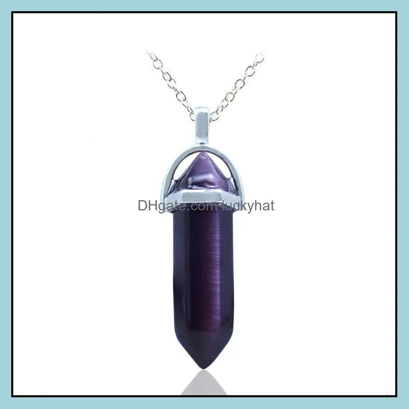 natural crystal bullet hexagonal opal cats eye pendant necklace for women jewelry