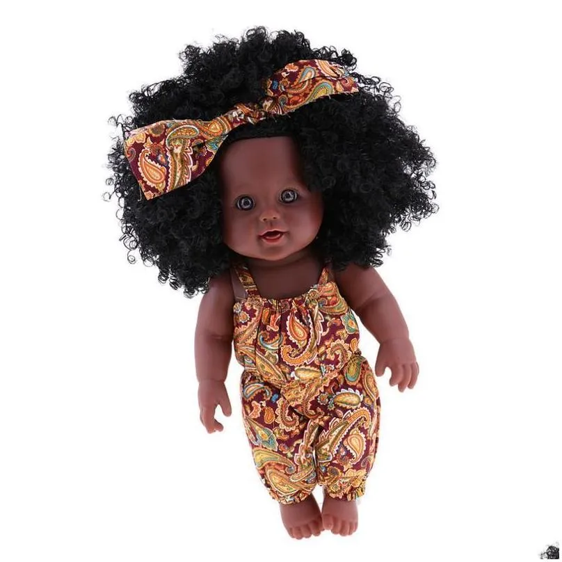 12inch african american doll black baby girl figures with head band orange rompers play dolls for kids perfect gift 220329