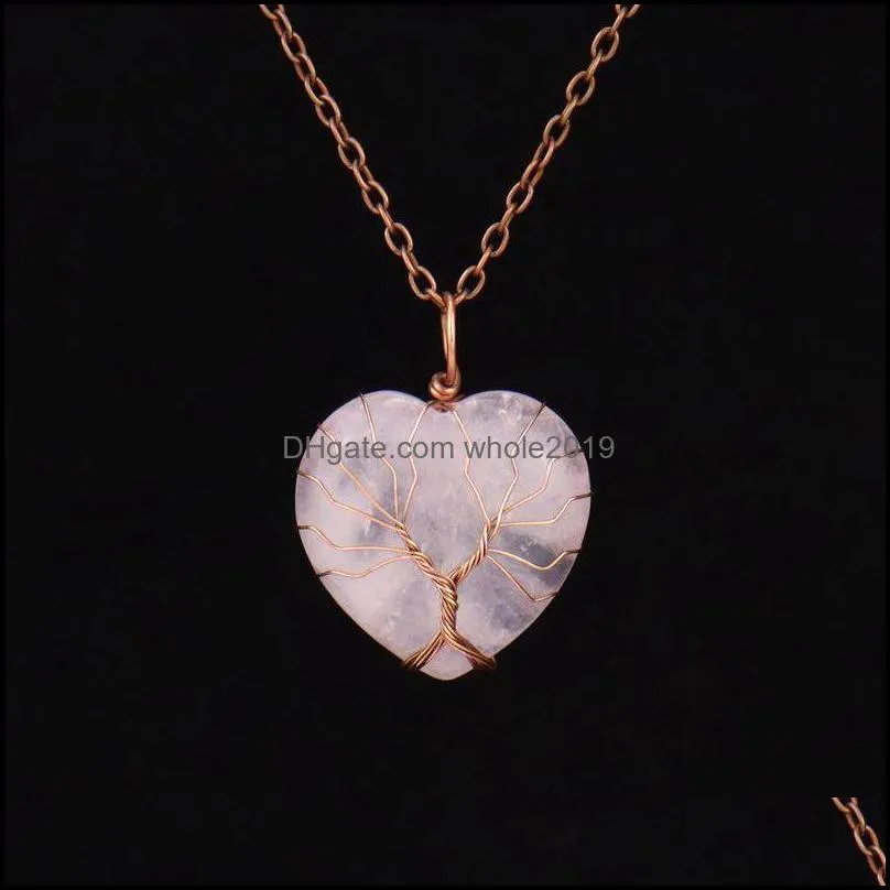 healing crystal natural stone heart charms necklaces copper twine tree of life wire wrap pendant turquoise amethyst tiger whole2019