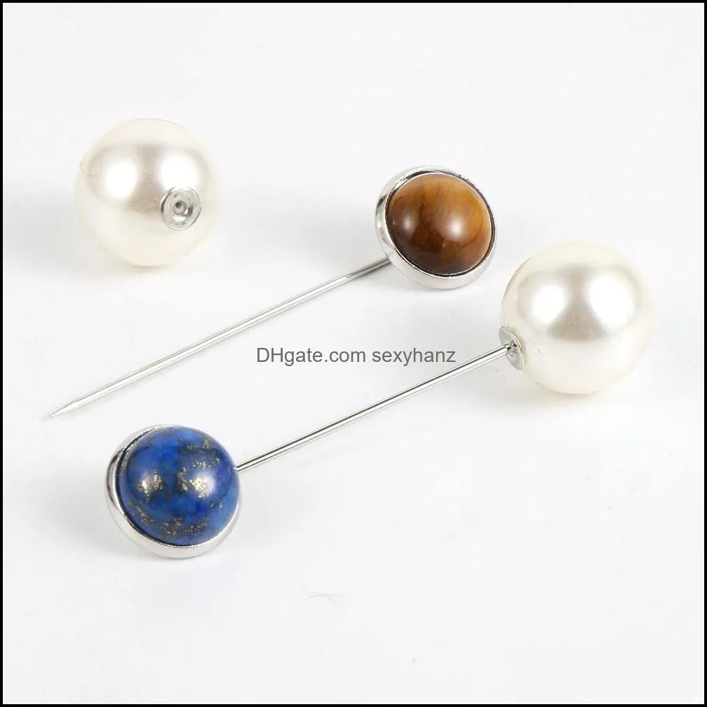 12mm natural stone onyx crystal tiger eye brooch imitation pearl safe pins bag hat clothes lapel brooches badge jewelr sexyhanz