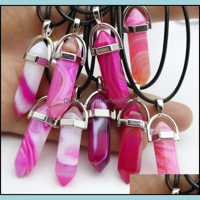 rose pink purple stripe agate stone hexagon bullet pendant reiki healing crystal cone point crystal charms pendulum necklace whole2019