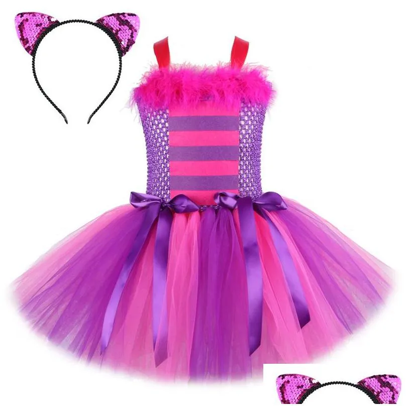 cheshiree cat tutu dress for girls halloween costumes kids animal dresses with headband princess girl birthday party outfits 220423