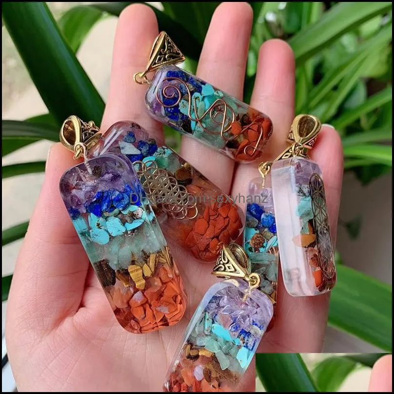 reiki healing colorful chips stone natural chakra orgone energy pendant necklace pendulum amulet orgonite crystal necklace sexyhanz