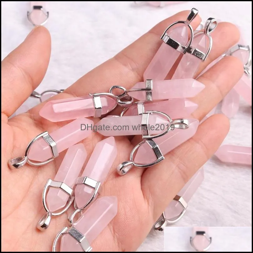 bulk natural stone rose quartz charms pink crystal pendant hexagonal column pendants necklace charms jewelr whole2019