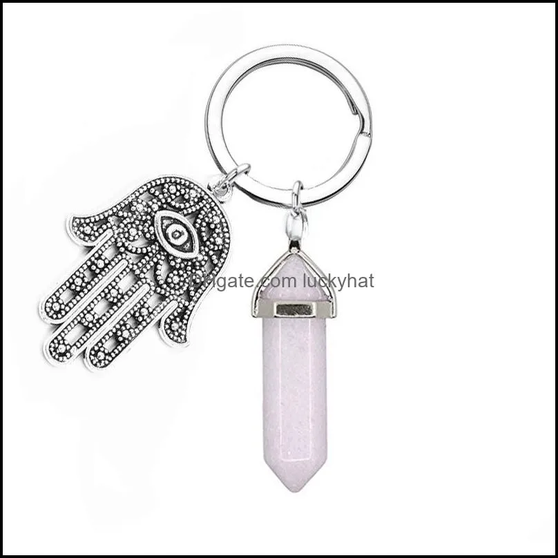 natural stone crystal key ring handbag dangle holder hexagonal column palm amulet real agates tiger eye opal pink quartz key chain