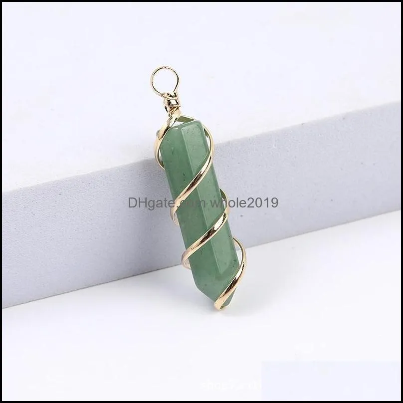 gold wire wrap natural stone charms green pillar bullet shape chakra pendants for jewelry making wholesale handmade craft whole2019