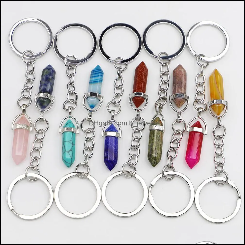 natural stone crystal key ring handbag dangle holder hexagonal column pendulum amulet real agates tiger eye opal pink quartz key chain