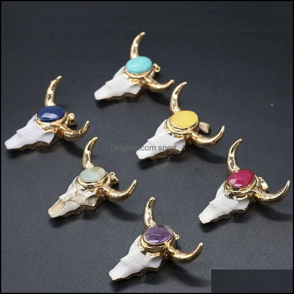 gold ox cow bones head shape quartz healing reiki stone charms crystal pendant finding for diy necklaces women fashion jewelry sport1