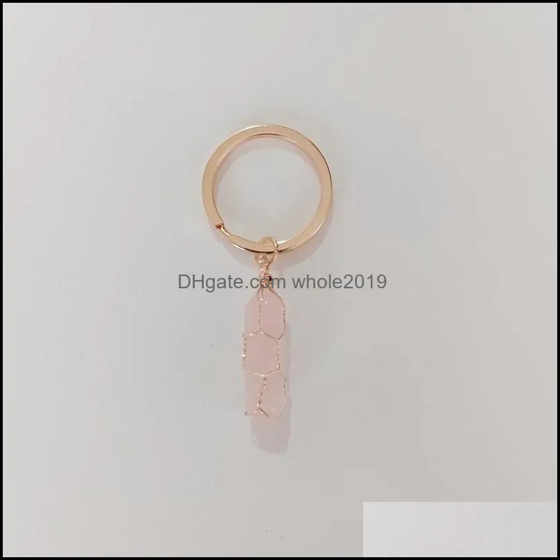 natural stone keychains hexagon wire wrap key rings silver gold color healing crystal car decor keyrings keyholder for women whole2019
