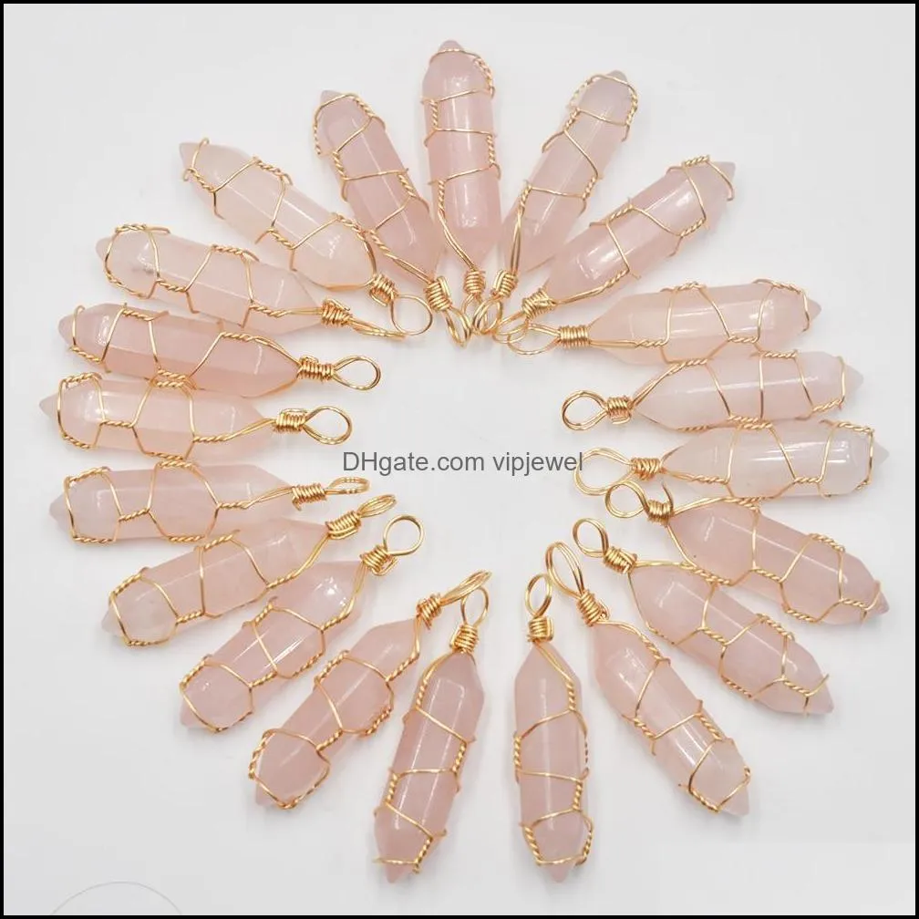 wire wrap natural stone rose quartz bullet shape charms point chakra pendants for jewelry making wholesale handmade craf vipjewel