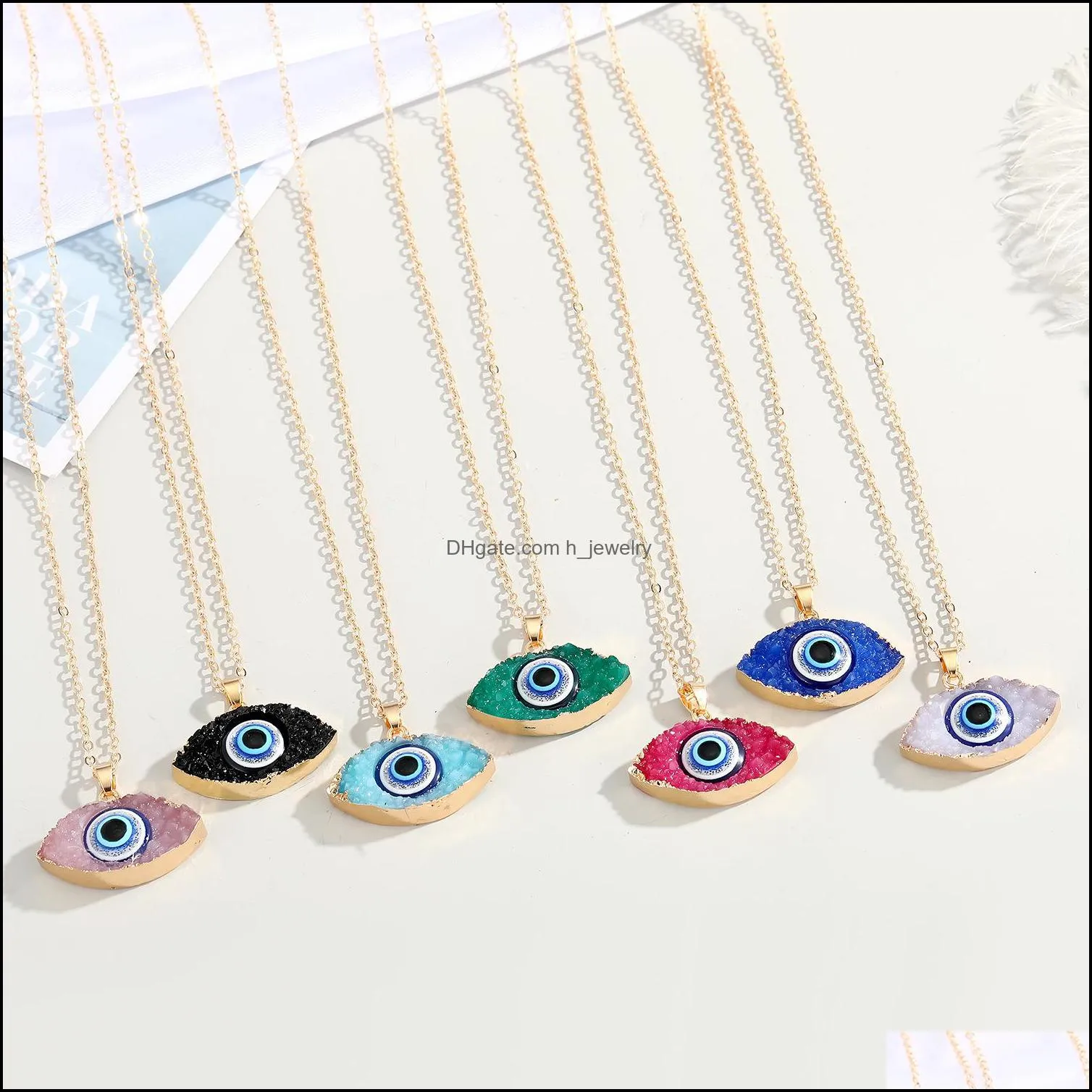 simple colors evil eye druzy drusy pendant necklace women resin handmade clavicel chains necklaces for female christmas imitation natural stone