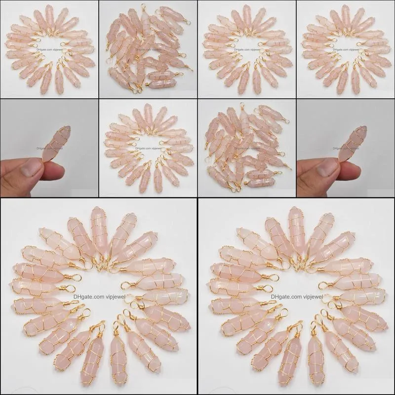 wire wrap natural stone rose quartz bullet shape charms point chakra pendants for jewelry making wholesale handmade craf vipjewel