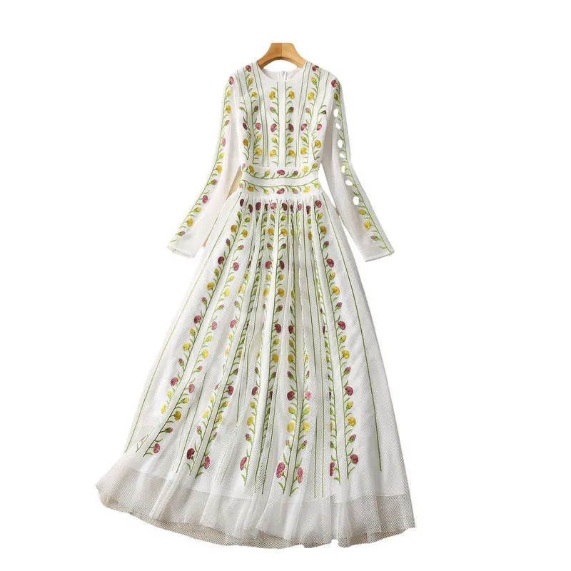 2023 Spring White Floral Embroidery Tulle Dress Short Sleeve Round Neck Panelled Long Maxi Casual Dresses S3F131624 Plus Size XXL