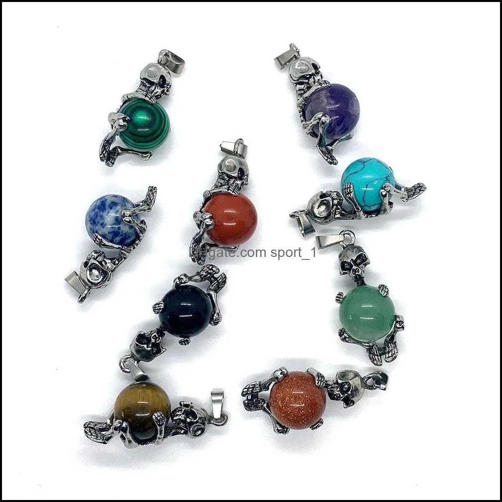 vintage skeleton natural crystal stones skull charms round tiger eye black onyx rose quartz stone ball charm beads pendants sport1