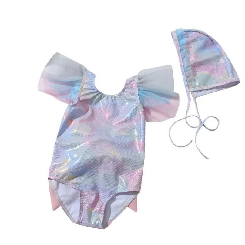 summer toddler infant baby girls sleevless sequin ruffle bowknot swimsuit bodysuit swimwear hat set bathing suit beachwearp4