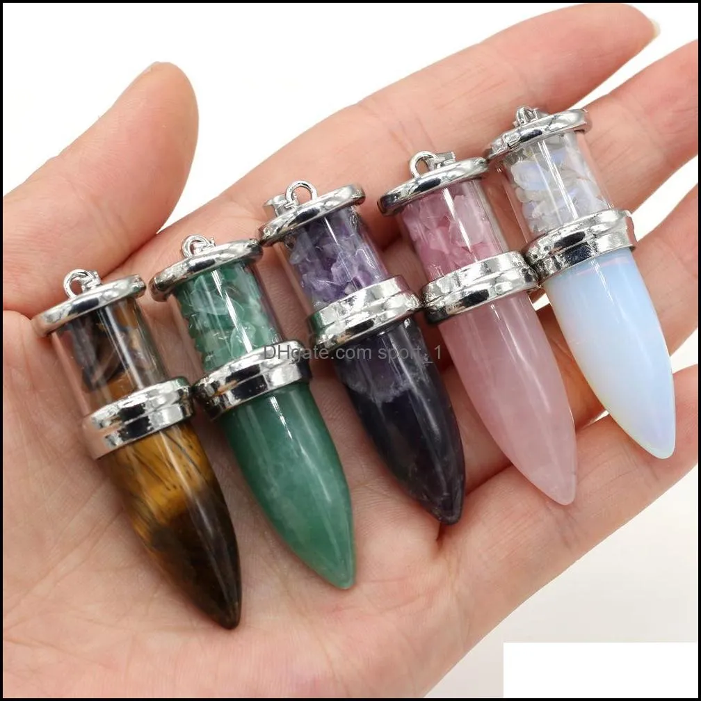 natural stone bullet shape chakra charms pendulum pendant rose quartz healing reiki crystal finding for diy necklaces women sport1