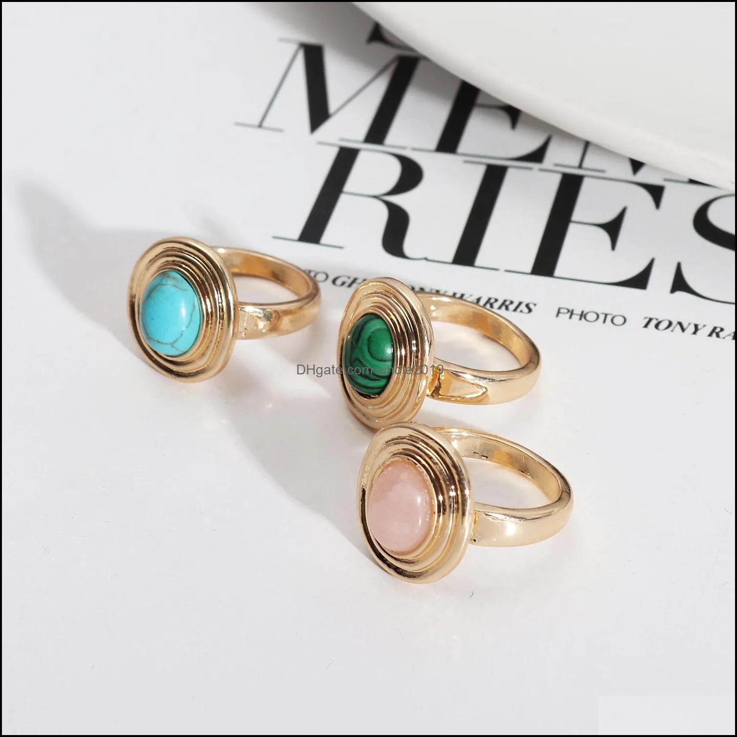 gold oval malachite turquoise rose quartz stone rings fashion inner dia 1.7cm gold color band jewelry for wome whole2019