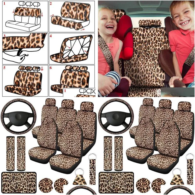 seat cushions 13 pcs leopard print car covers full set steering wheel cover coasters armrest pad cover