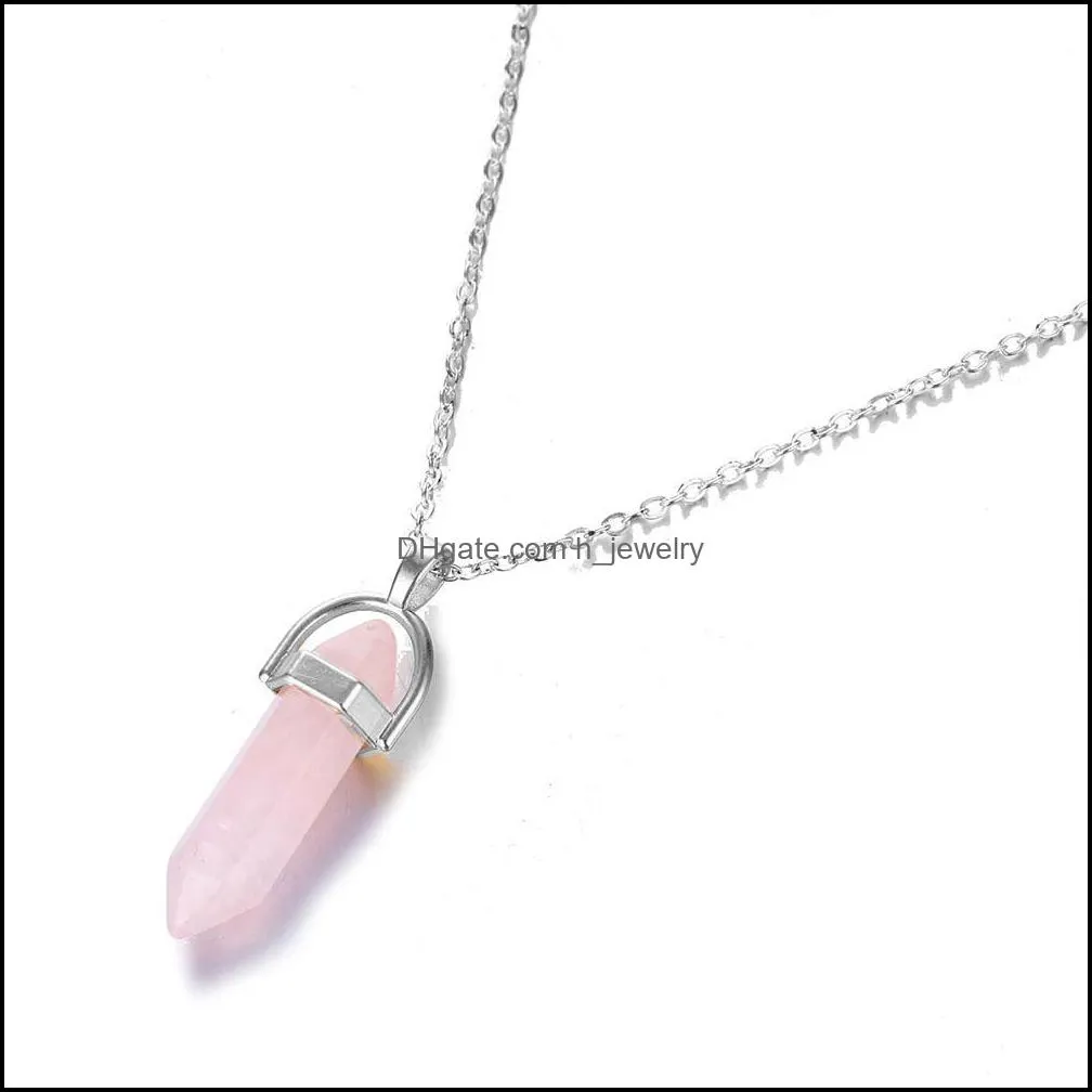 personality hexagonal column quartz necklace pendant fashion natural stone bullet opal pink crystal pendant necklace ladies jewelry