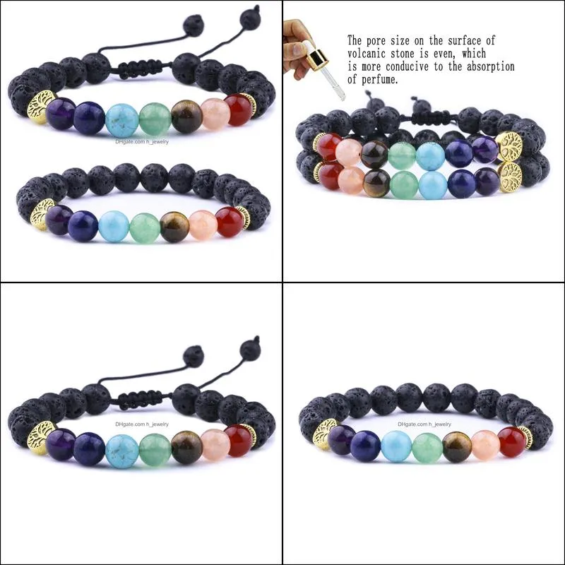 8mm natural stone 7 chakra black lava stone weave tree of life bracelets aromatherapy  oil diffuser bracelet for women men