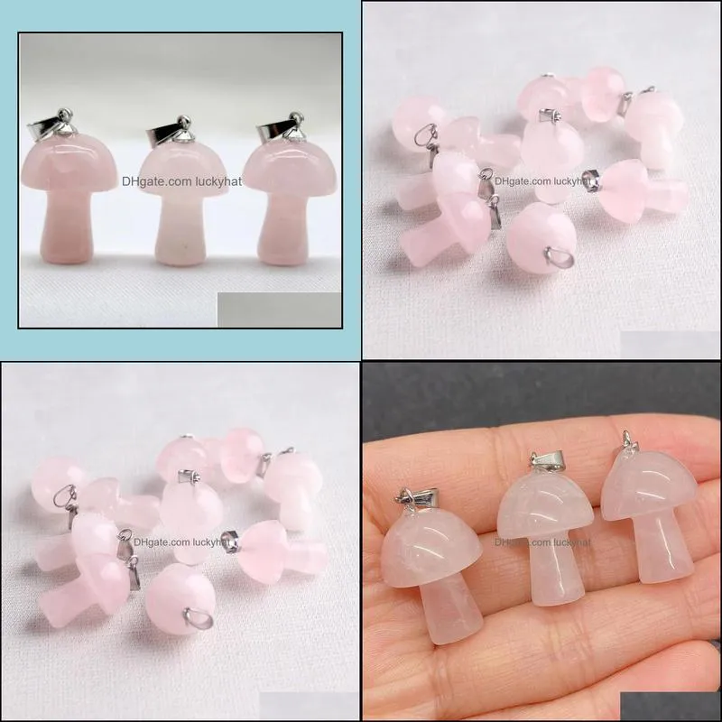 natural gem stone carved mushroom charms pink quartz crystal hand pendants for diy jewelry making necklace