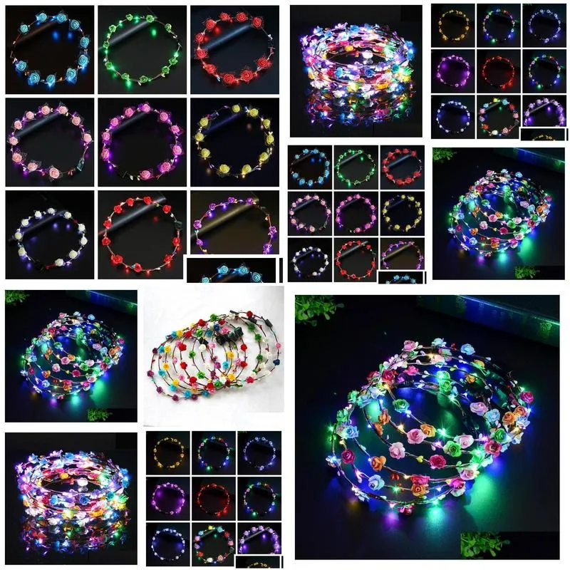 flashing led hairbands strings glow flower crown headbands light party rave floral hair garland luminous wreath hair accessories