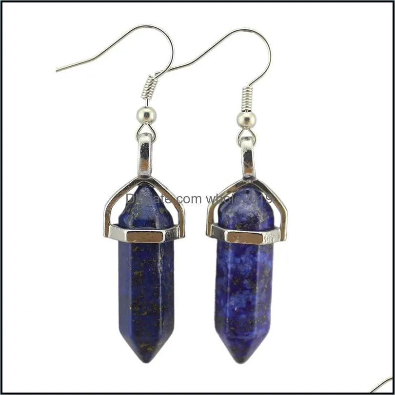 natural stone charms drop earrings reiki healing hexagonal dangle amethyst lapis fluorite pink crystal earring women piercin whole2019