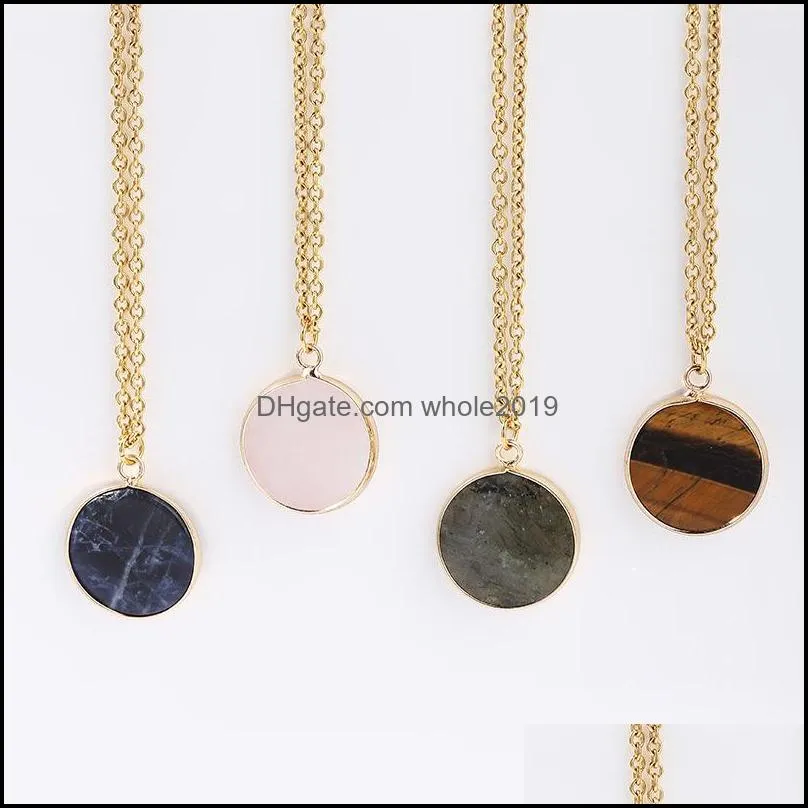 round stone crystal charms gold chain pendant necklaces tiger eye rose quartz wholesale jewelry for wome whole2019