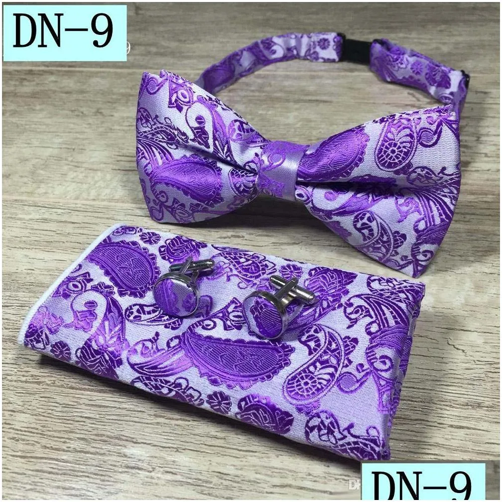 new design self bow tie and hanky cufflinks set silk jacquard woven men butterfly bowtie pocket square handkerchief suit wedding