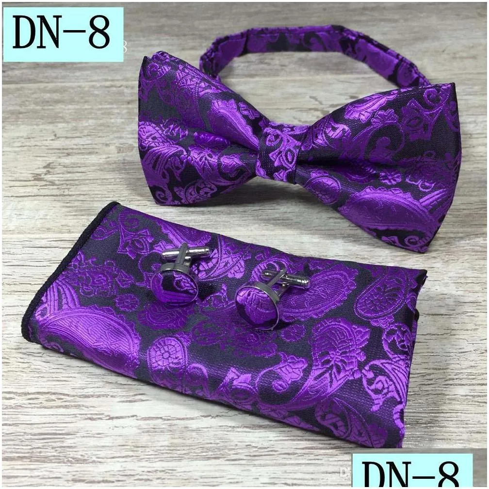 new design self bow tie and hanky cufflinks set silk jacquard woven men butterfly bowtie pocket square handkerchief suit wedding